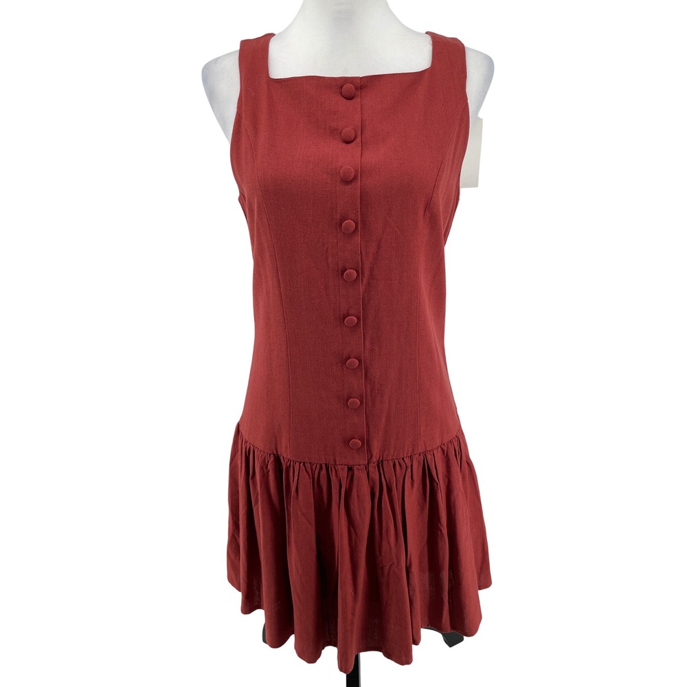 WAYF Mini Dress Womens Small Burnt Orange Linen Blend Drop Waist Cottagecore New